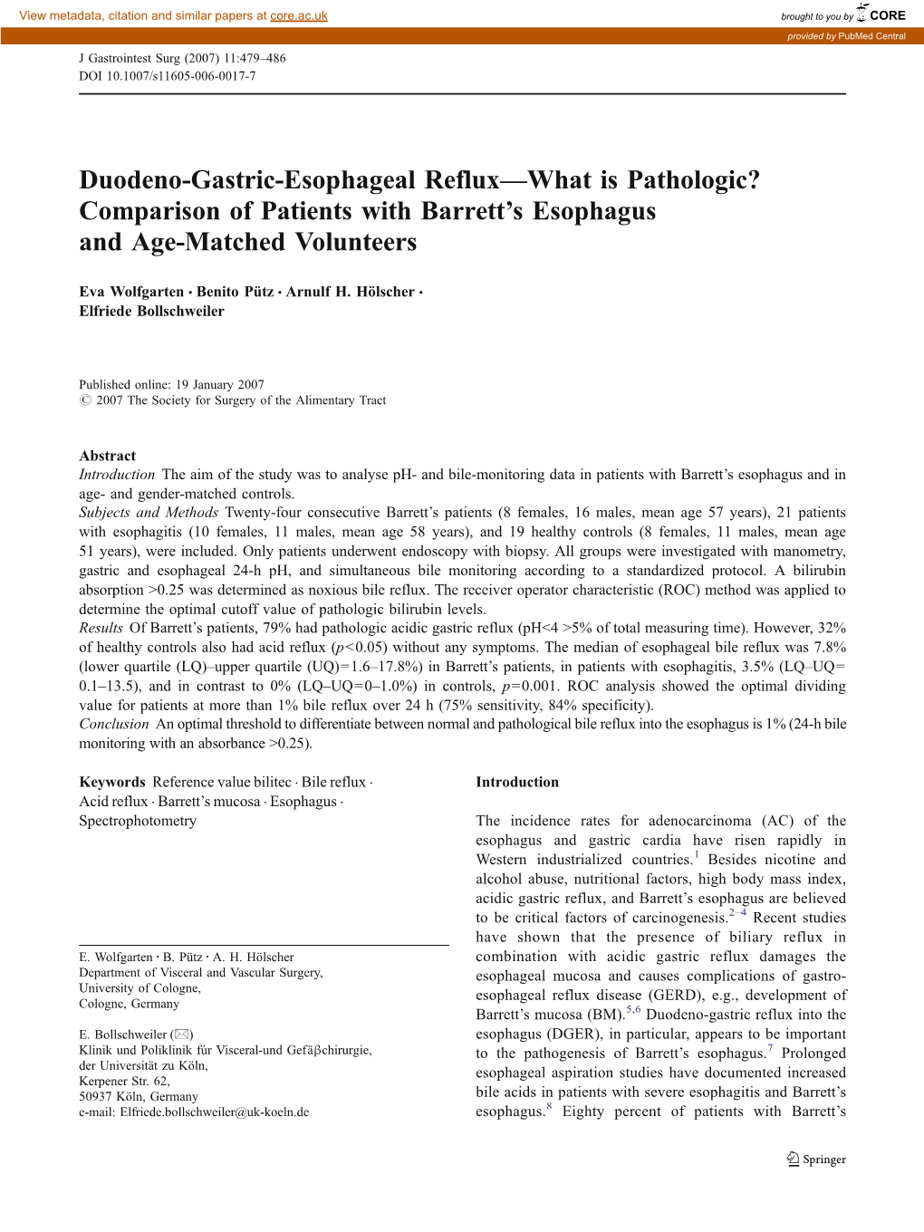 Duodeno-Gastric-Esophageal Reflux—What Is Pathologic? Comparison of Patients with Barrett's Esophagus and Age-Matched Volunt