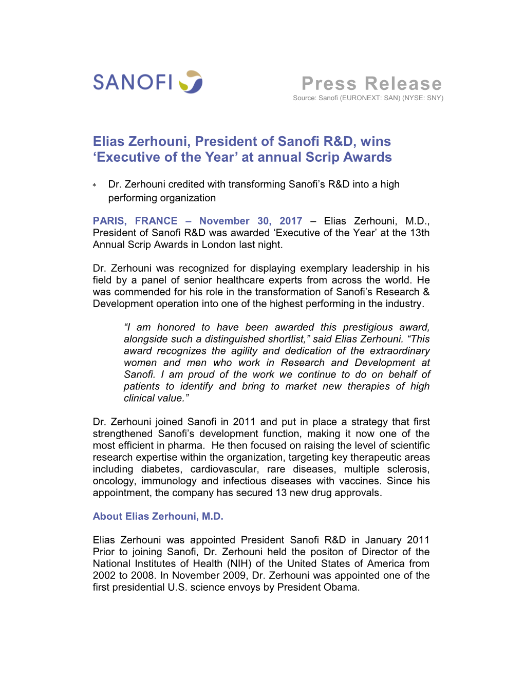Press Release Source: Sanofi (EURONEXT: SAN) (NYSE: SNY)