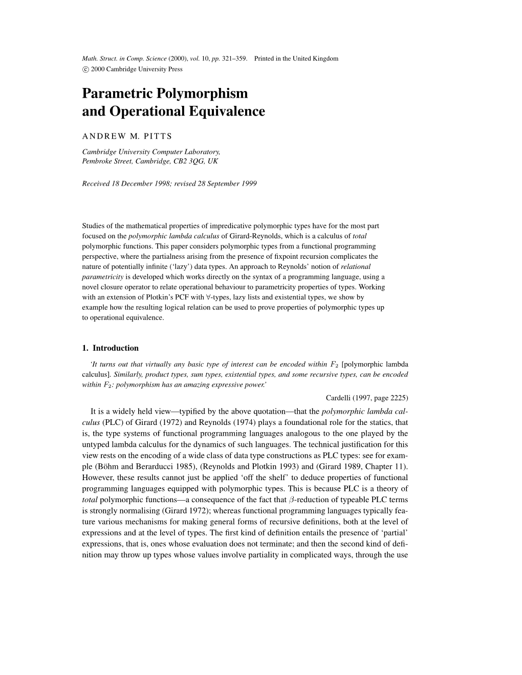 Parametric Polymorphism and Operational Equivalence