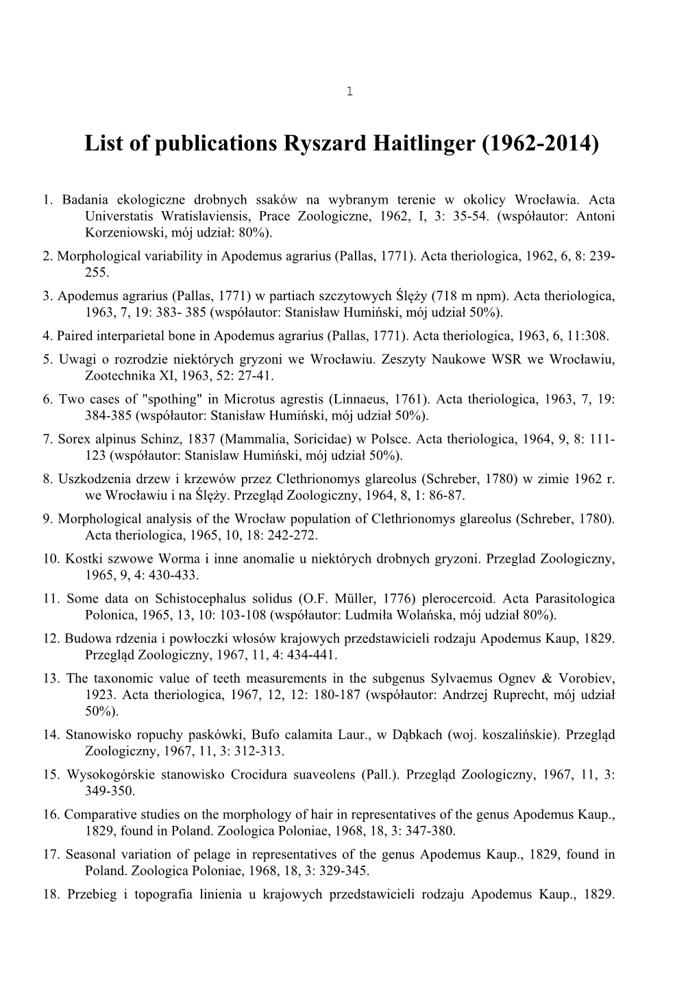 List of Publications Ryszard Haitlinger (1962-2014)