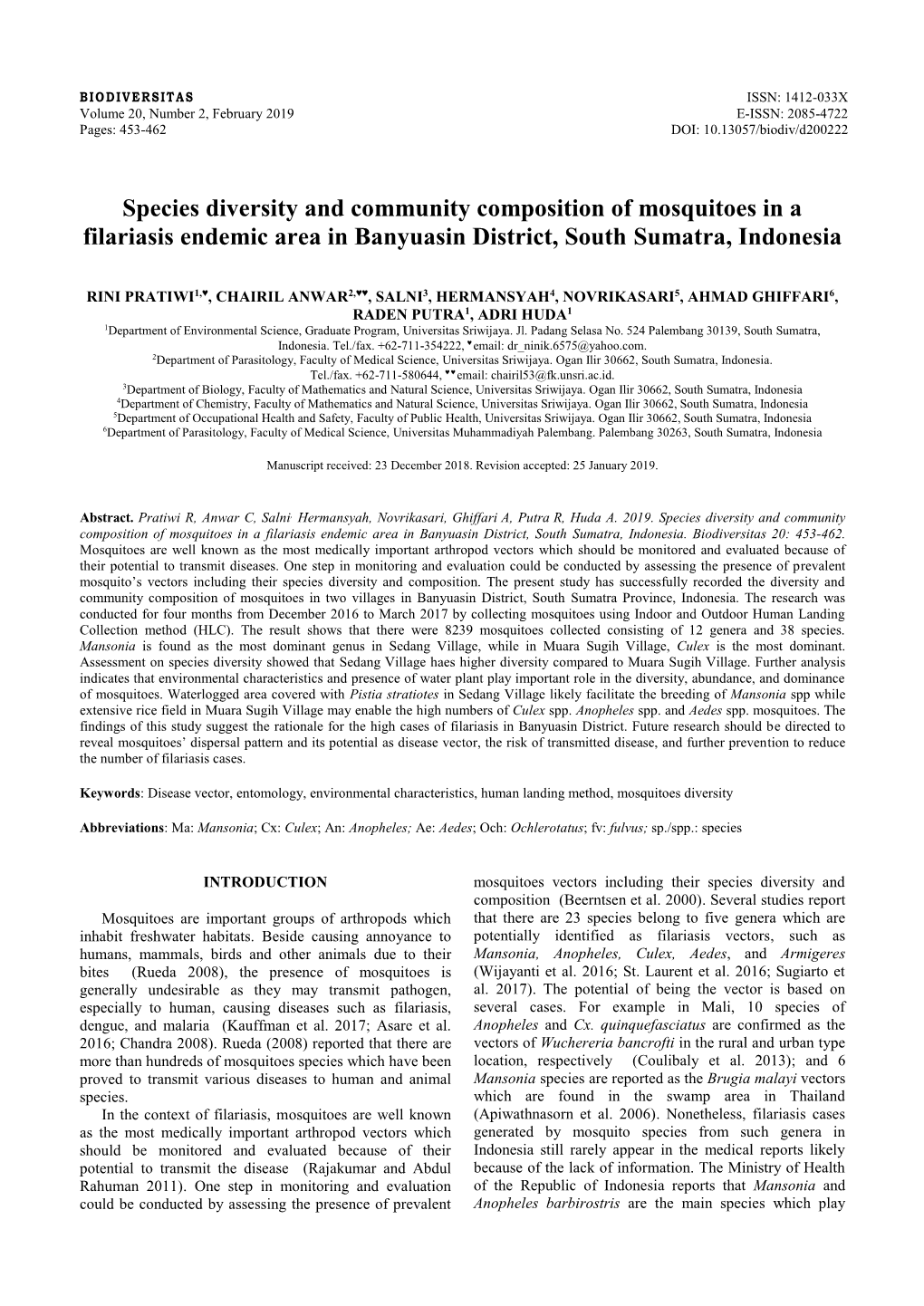 Species Diversity and Community Composition of Mosquitoes in a Filariasis Endemic Area in Banyuasin District, South Sumatra, Indonesia