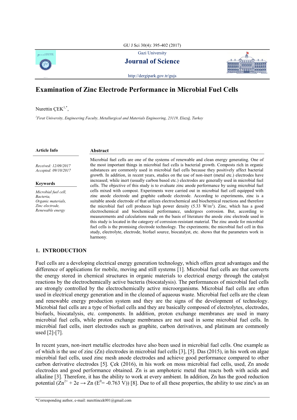 Journal of Science Examination of Zinc Electrode Performance In