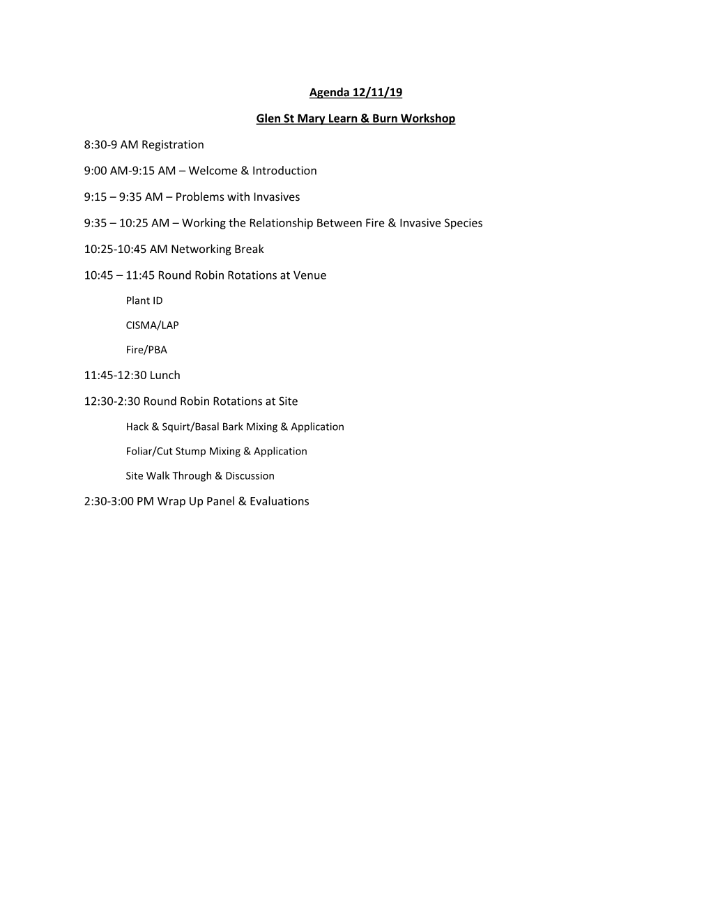 Agenda 12/11/19 Glen St Mary Learn & Burn Workshop 8:30-9 AM