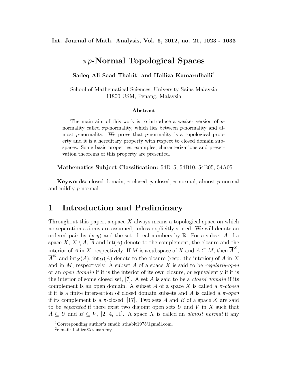 Πp-Normal Topological Spaces 1 Introduction and Preliminary