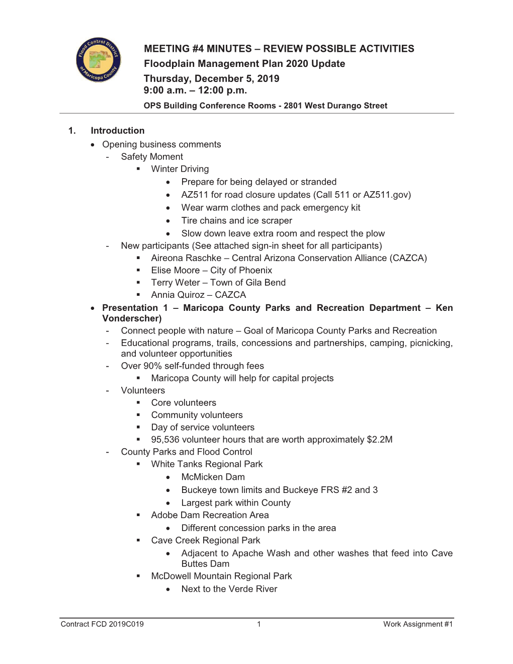 MEETING #4 MINUTES – REVIEW POSSIBLE ACTIVITIES Floodplain Management Plan 2020 Update Thursday, December 5, 2019 9:00 A.M