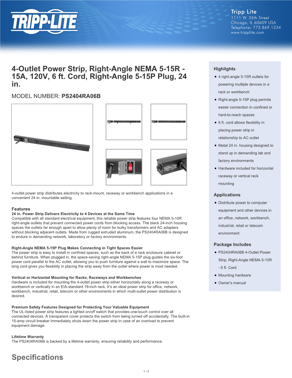 Specifications 4-Outlet Power Strip, Right-Angle NEMA 5-15R