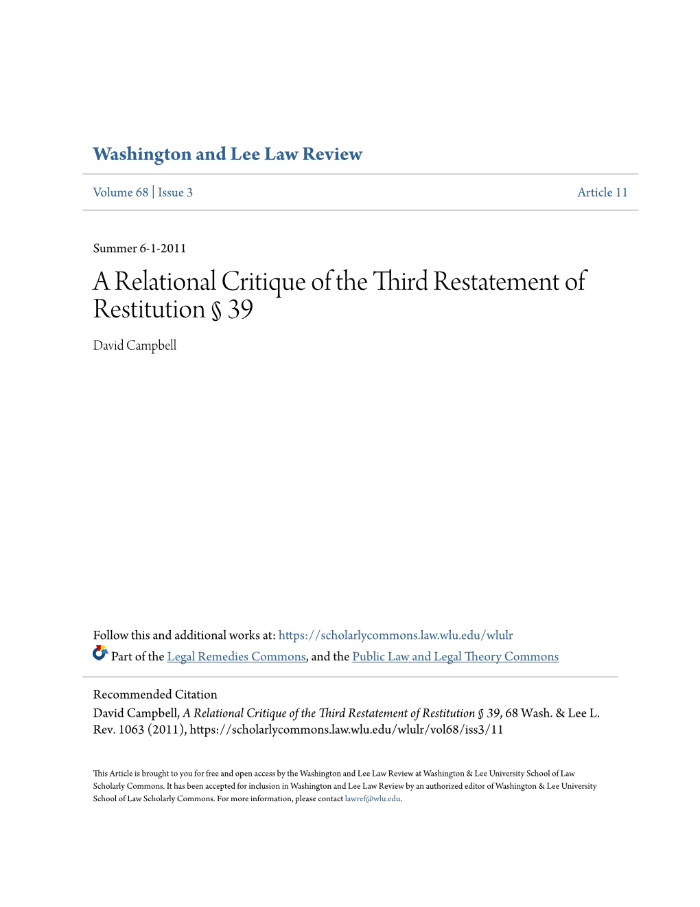 A Relational Critique of the Third Restatement of Restitution Â§ 39