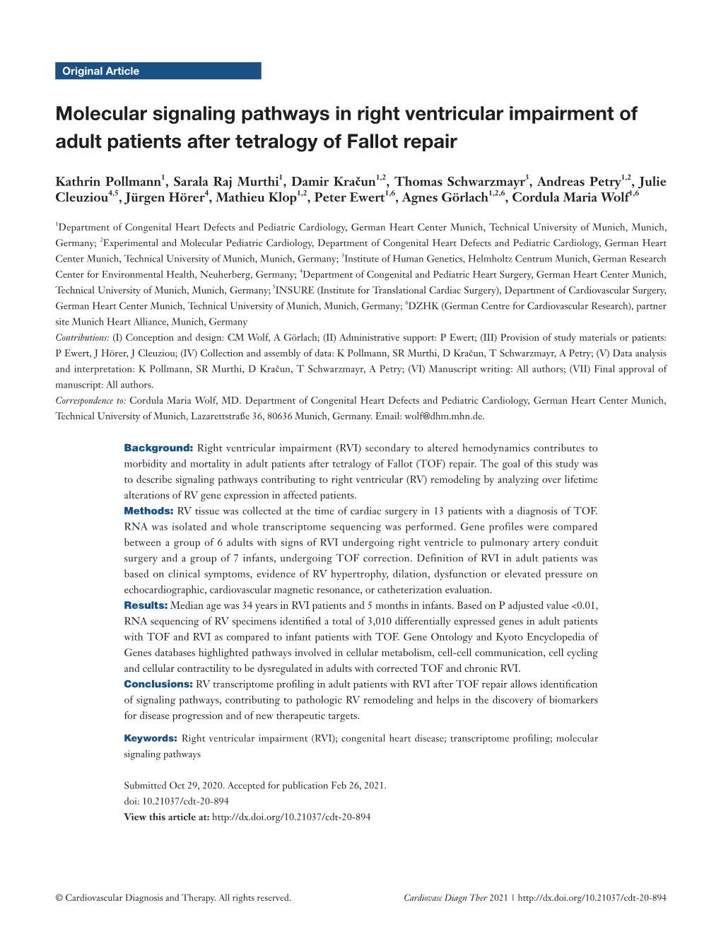 Molecular Signaling Pathways in Right Ventricular Impairment of Adult Patients After Tetralogy of Fallot Repair