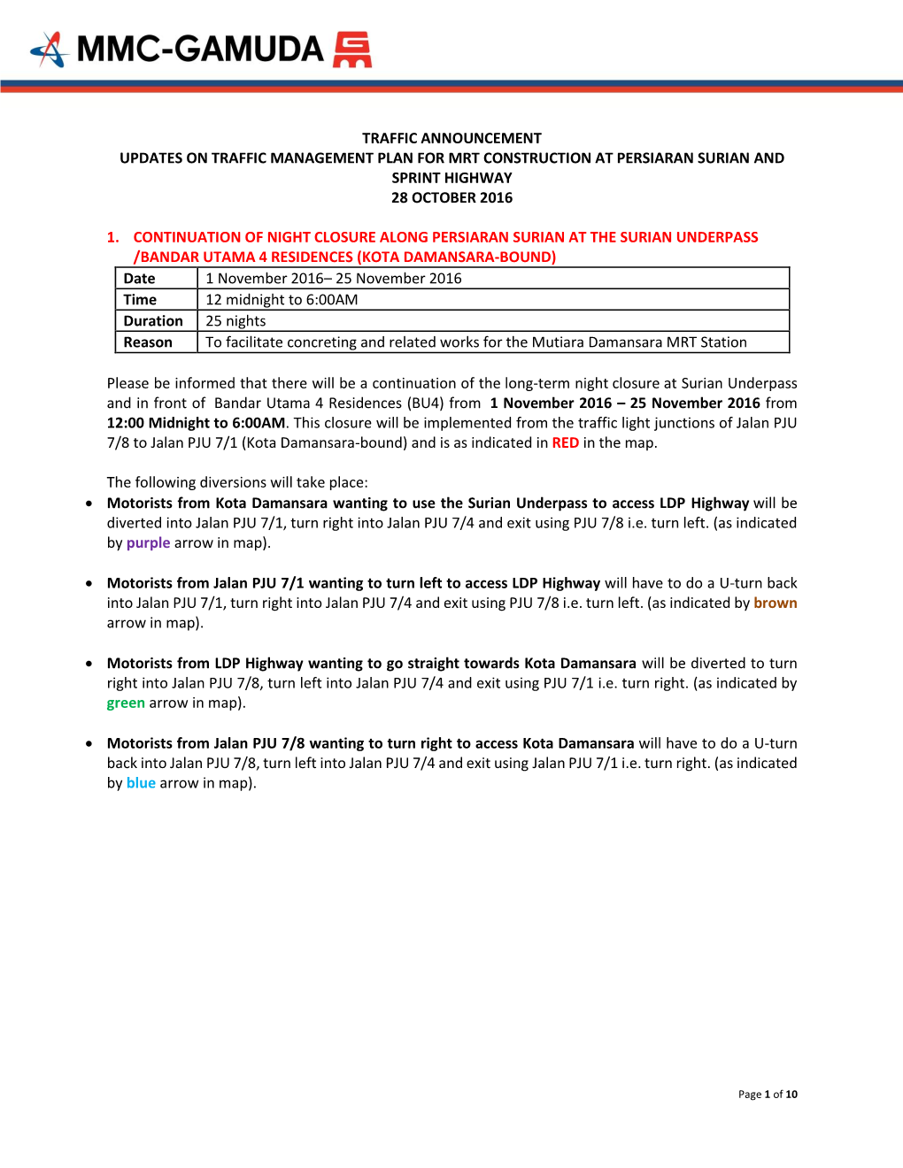 Traffic Announcement Updates on Traffic Management Plan for Mrt Construction at Persiaran Surian and Sprint Highway 28 October 2016