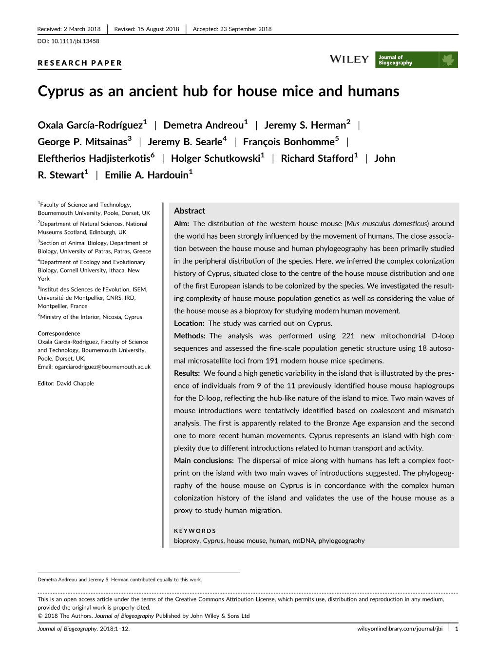 Cyprus As an Ancient Hub for House Mice and Humans