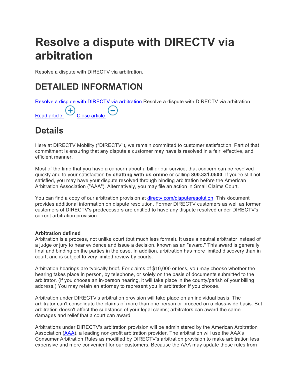 Resolve a Dispute with DIRECTV Via Arbitration