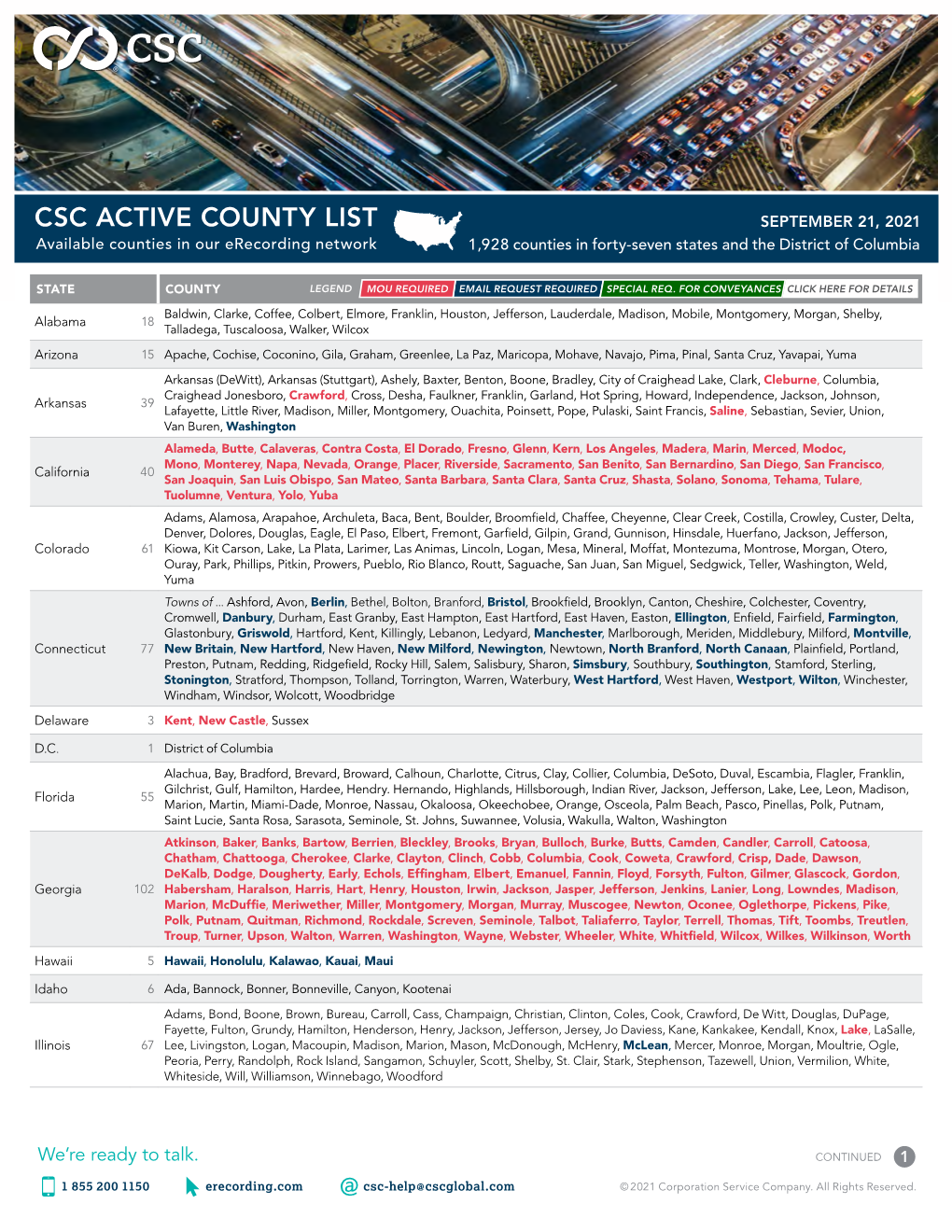 CSC ACTIVE COUNTY LIST SEPTEMBER 21, 2021 Available Counties in Our Erecording Network 1,928 Counties in Forty-Seven States and the District of Columbia