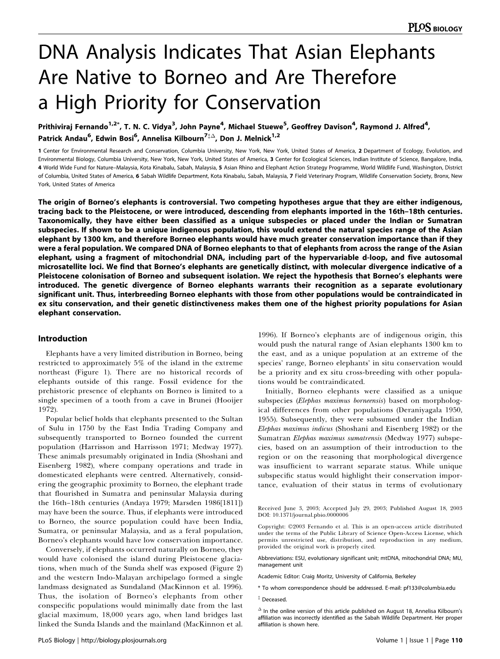 DNA Analysis Indicates That Asian Elephants Are Native to Borneo and Are Therefore a High Priority for Conservation