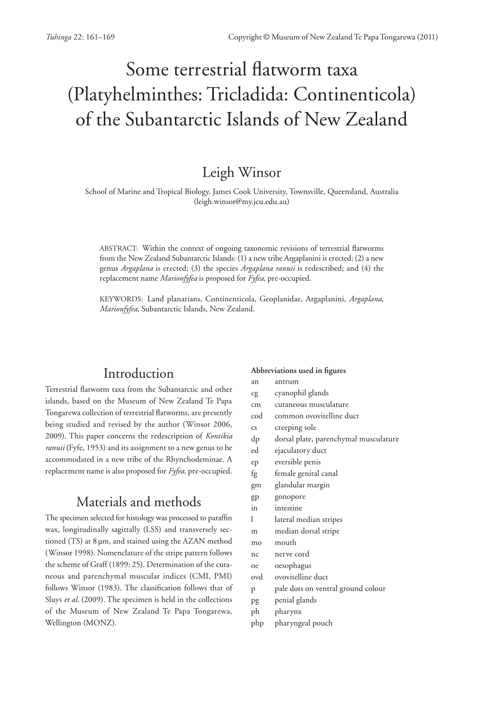 Platyhelminthes: Tricladida: Continenticola) of the Subantarctic Islands of New Zealand