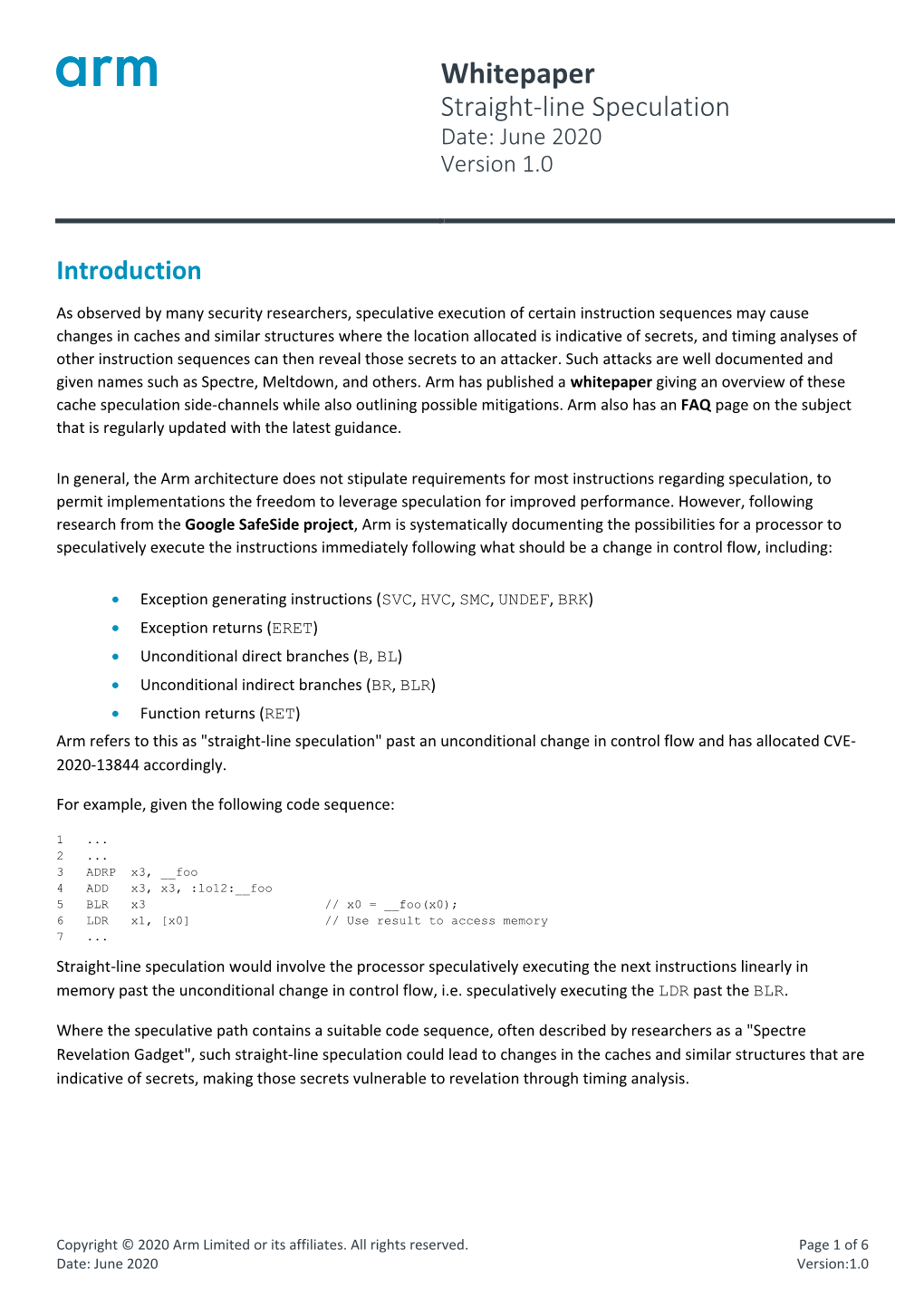 Whitepaper Straight-Line Speculation Date: June 2020 Version 1.0