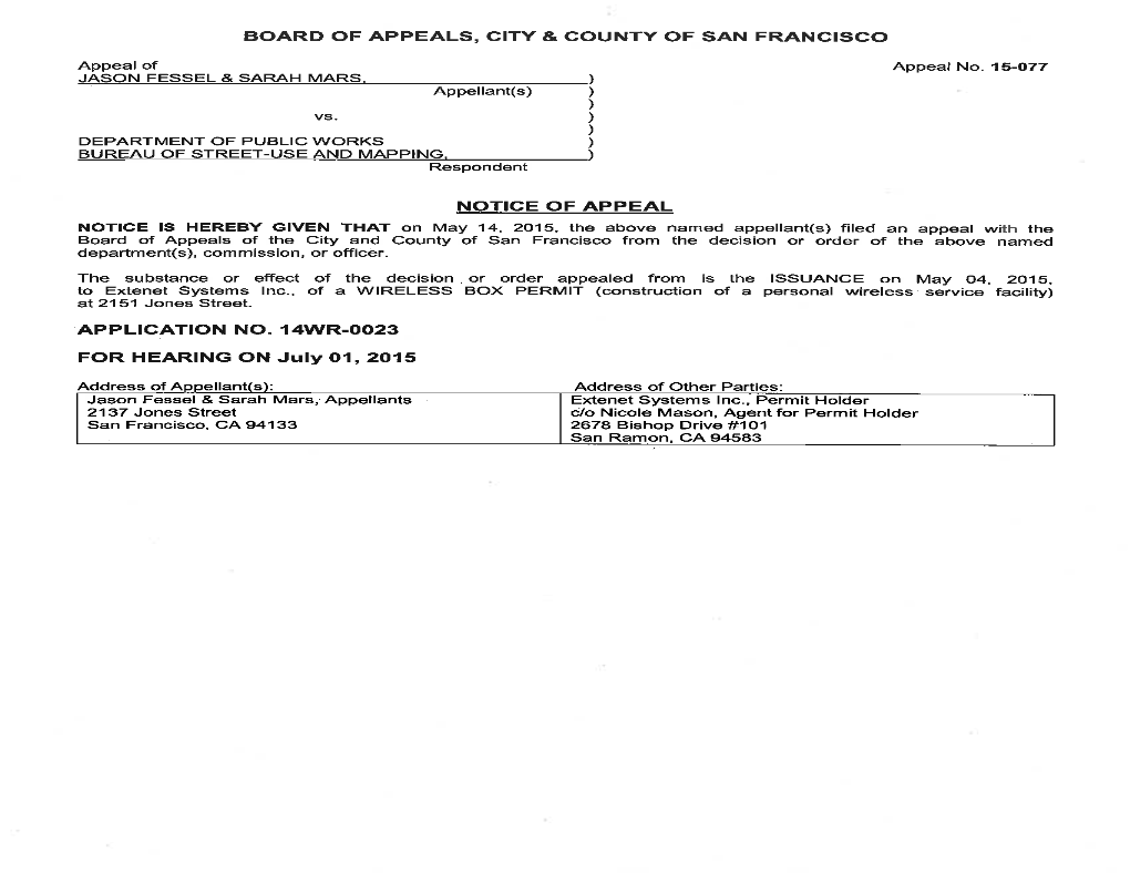 Fessel & Mars Vs. DPW-BSM Subject Property: 2151 Jones Street Permit Type