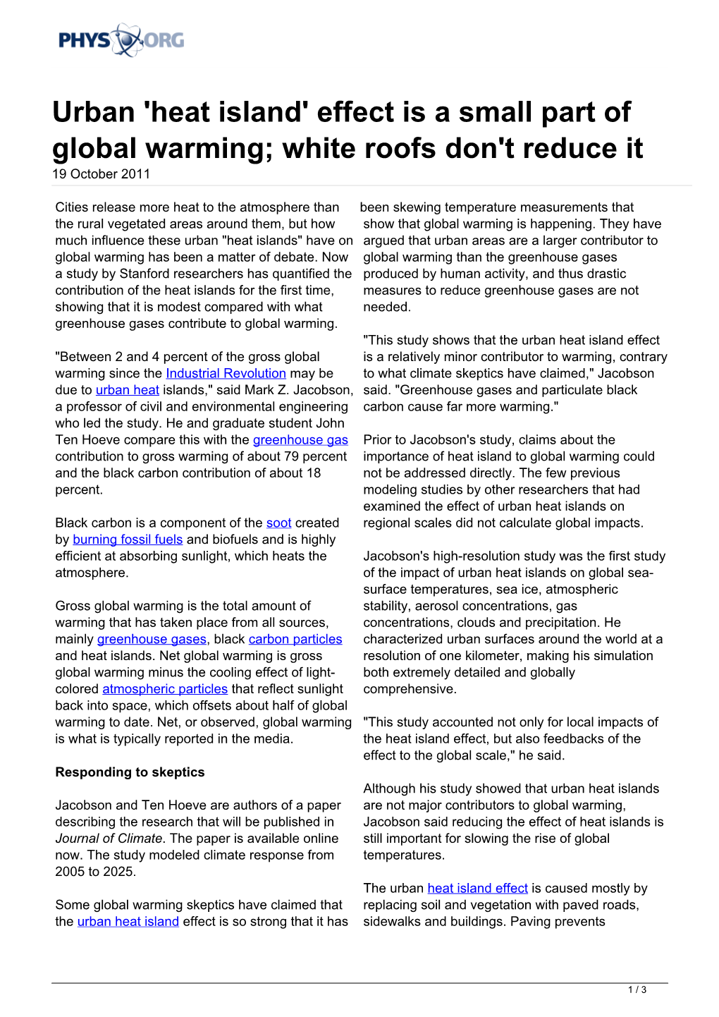 Urban 'Heat Island' Effect Is a Small Part of Global Warming; White Roofs Don't Reduce It 19 October 2011