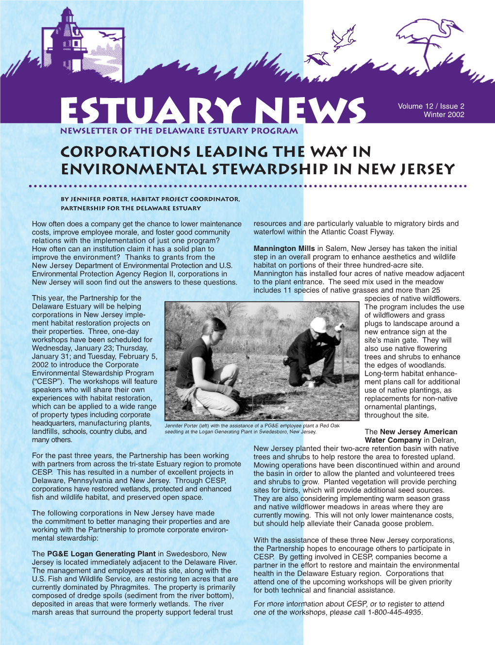 Winter 2002 Newsletter of the Delaware Estuary Program Corporations Leading the Way in Environmental Stewardship in New Jersey