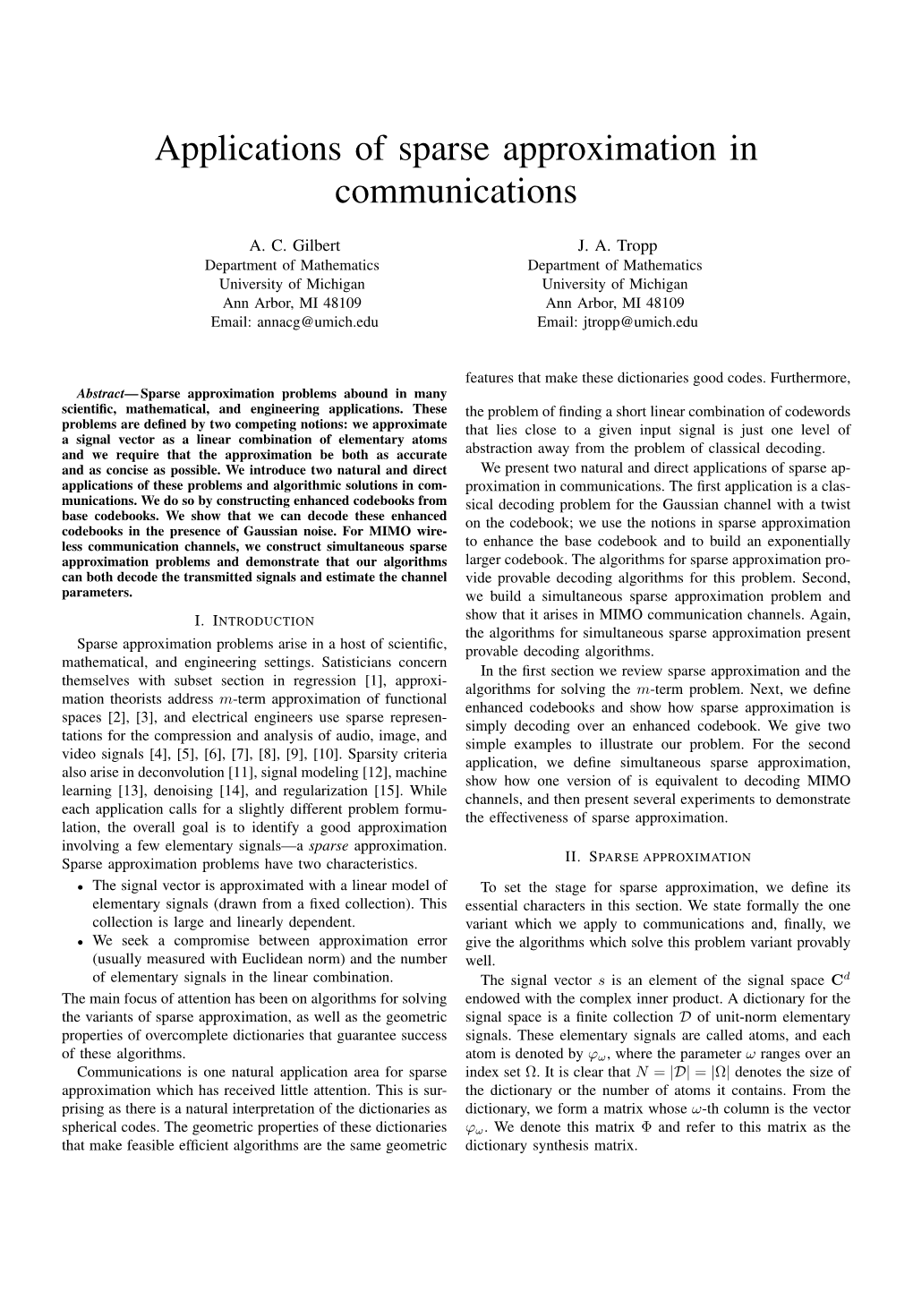 Applications of Sparse Approximation in Communications