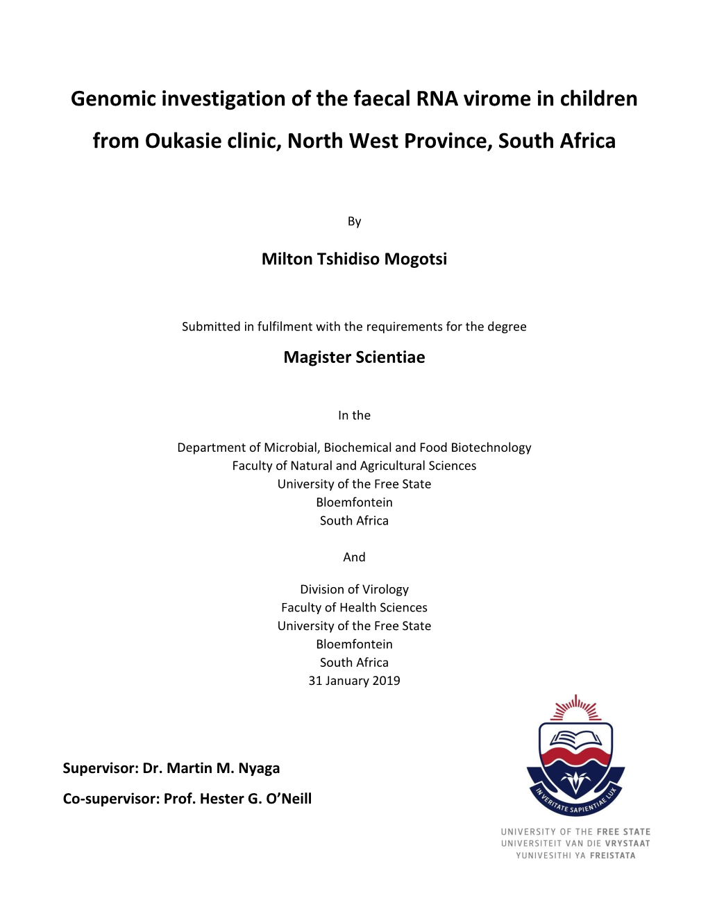 Genomic Investigation of the Faecal RNA Virome in Children from Oukasie Clinic, North West Province, South Africa