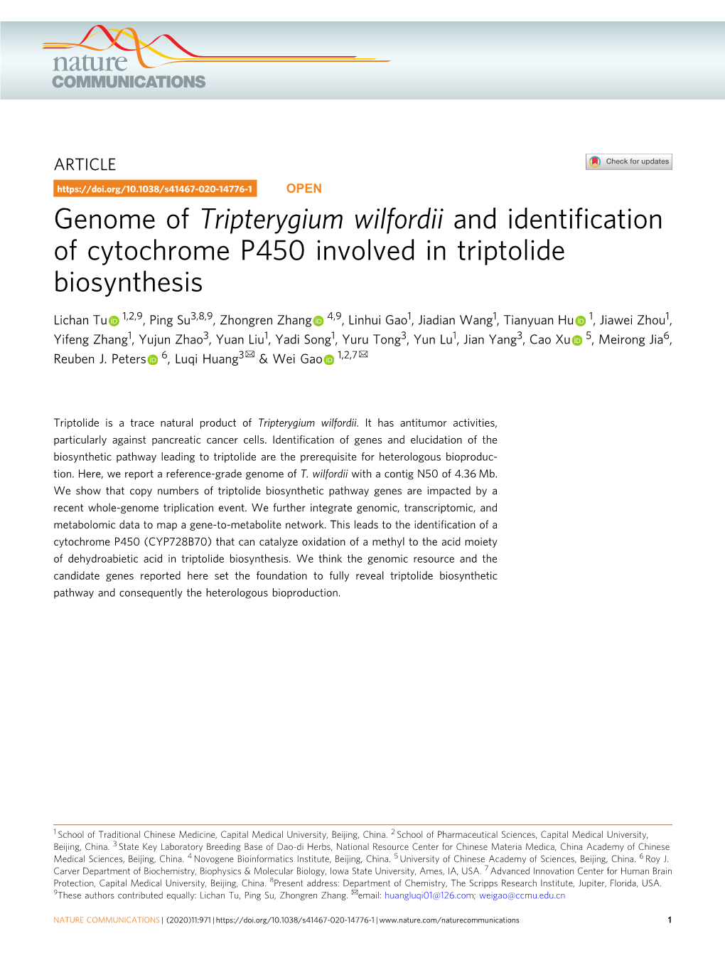 Genome of Tripterygium Wilfordii and Identification of Cytochrome P450 Involved in Triptolide Biosynthesis