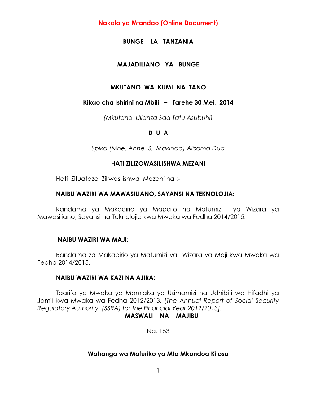 Nakala Ya Mtandao (Online Document) 1 BUNGE LA TANZANIA