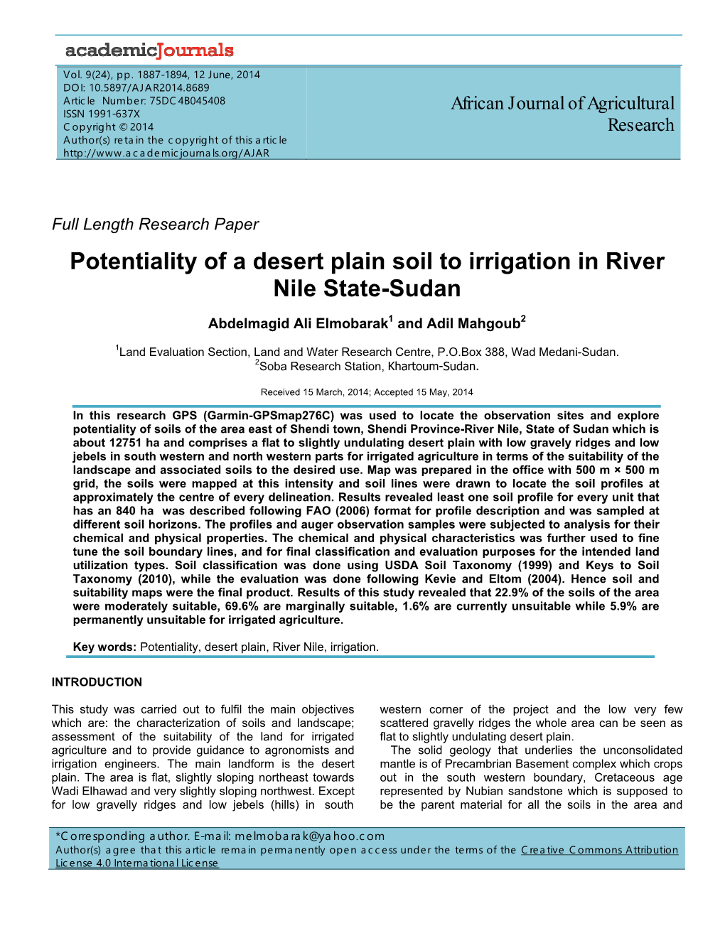 Potentiality of a Desert Plain Soil to Irrigation in River Nile State-Sudan
