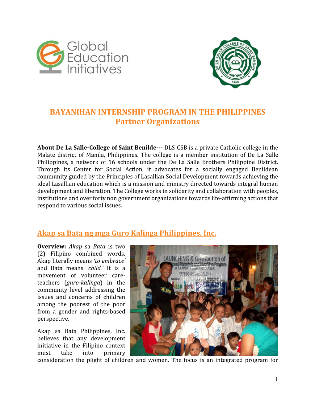 BAYANIHAN INTERNSHIP PROGRAM in the PHILIPPINES Partner Organizations