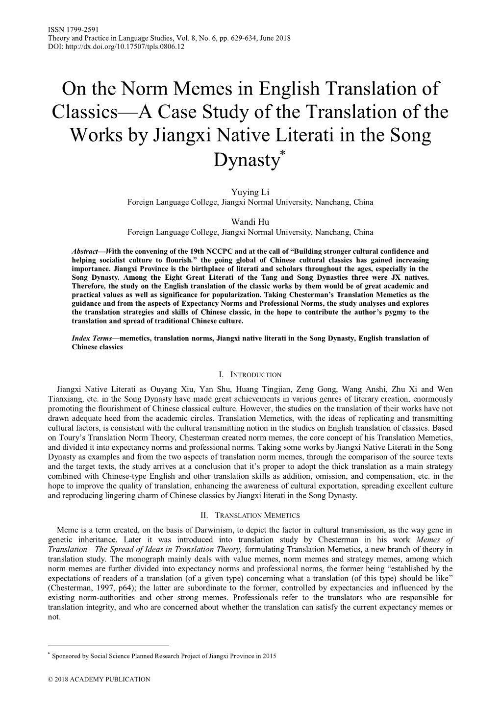 On the Norm Memes in English Translation of Classics—A Case Study of the Translation of the Works by Jiangxi Native Literati in the Song Dynasty