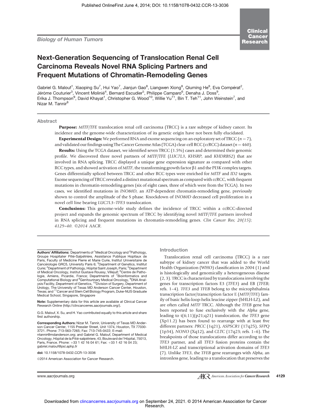 Next-Generation Sequencing of Translocation Renal Cell Carcinoma Reveals Novel RNA Splicing Partners and Frequent Mutations of Chromatin-Remodeling Genes