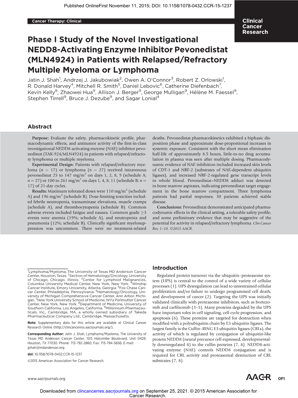 Phase I Study of the Novel Investigational NEDD8-Activating