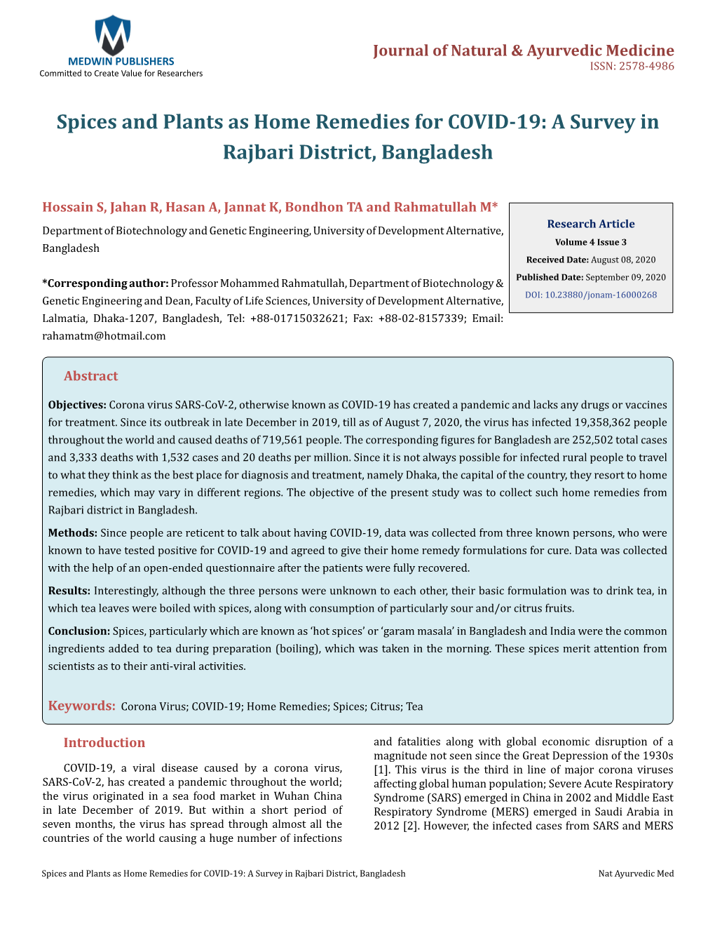 Spices and Plants As Home Remedies for COVID-19: a Survey in Rajbari District, Bangladesh