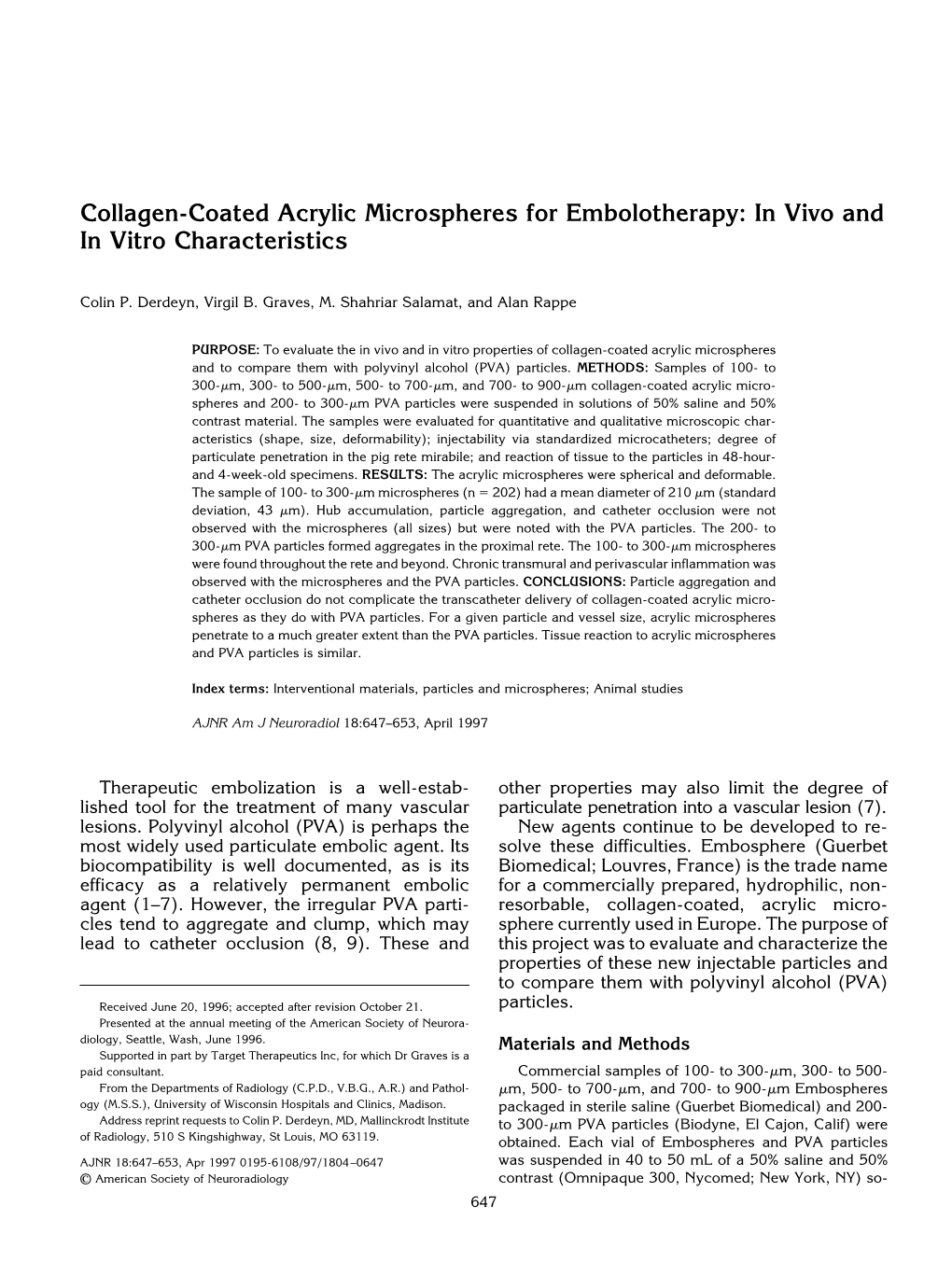 Collagen-Coated Acrylic Microspheres for Embolotherapy: in Vivo and in Vitro Characteristics