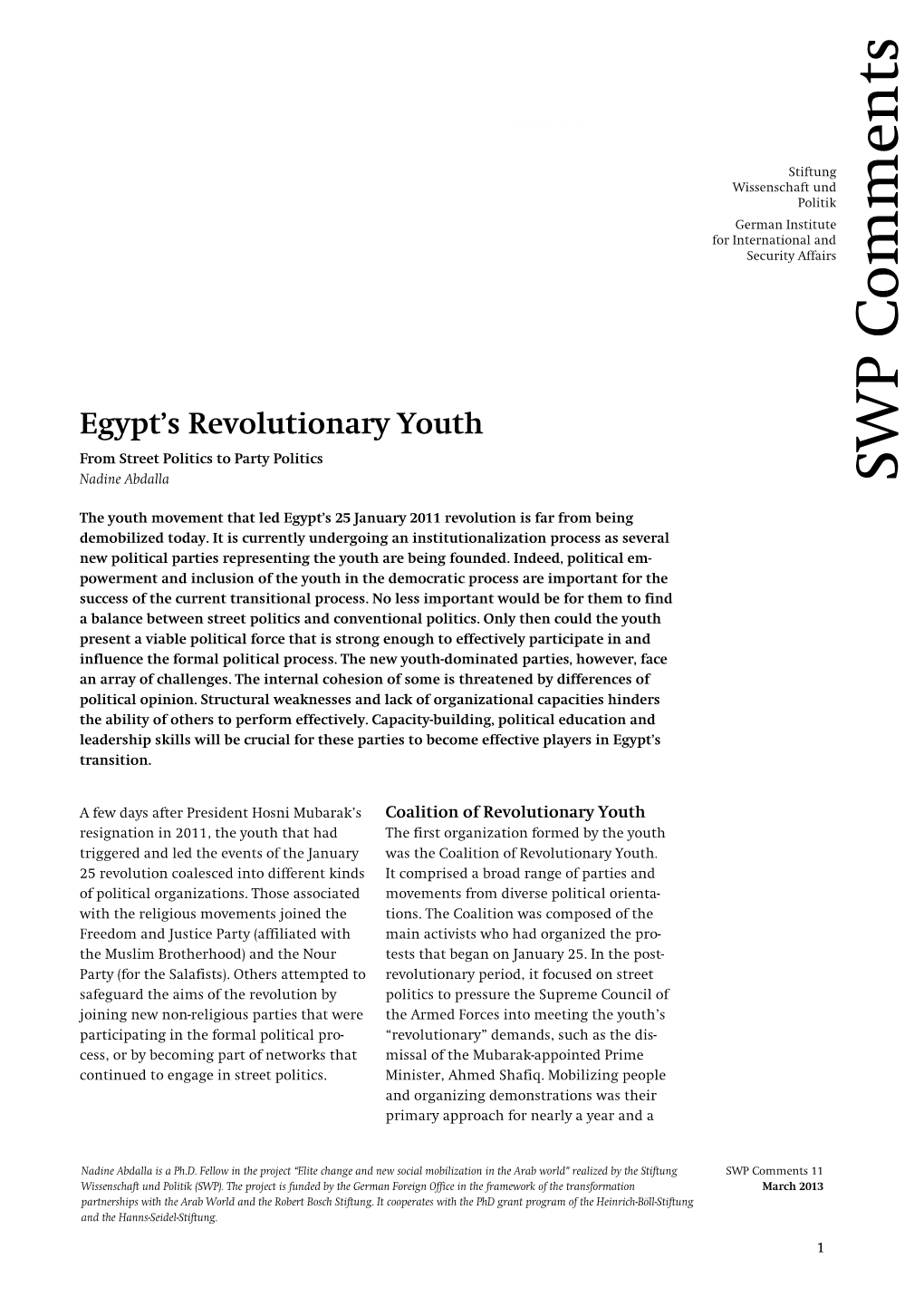 Egypt's Revolutionary Youth. from Street Politics to Party Politics