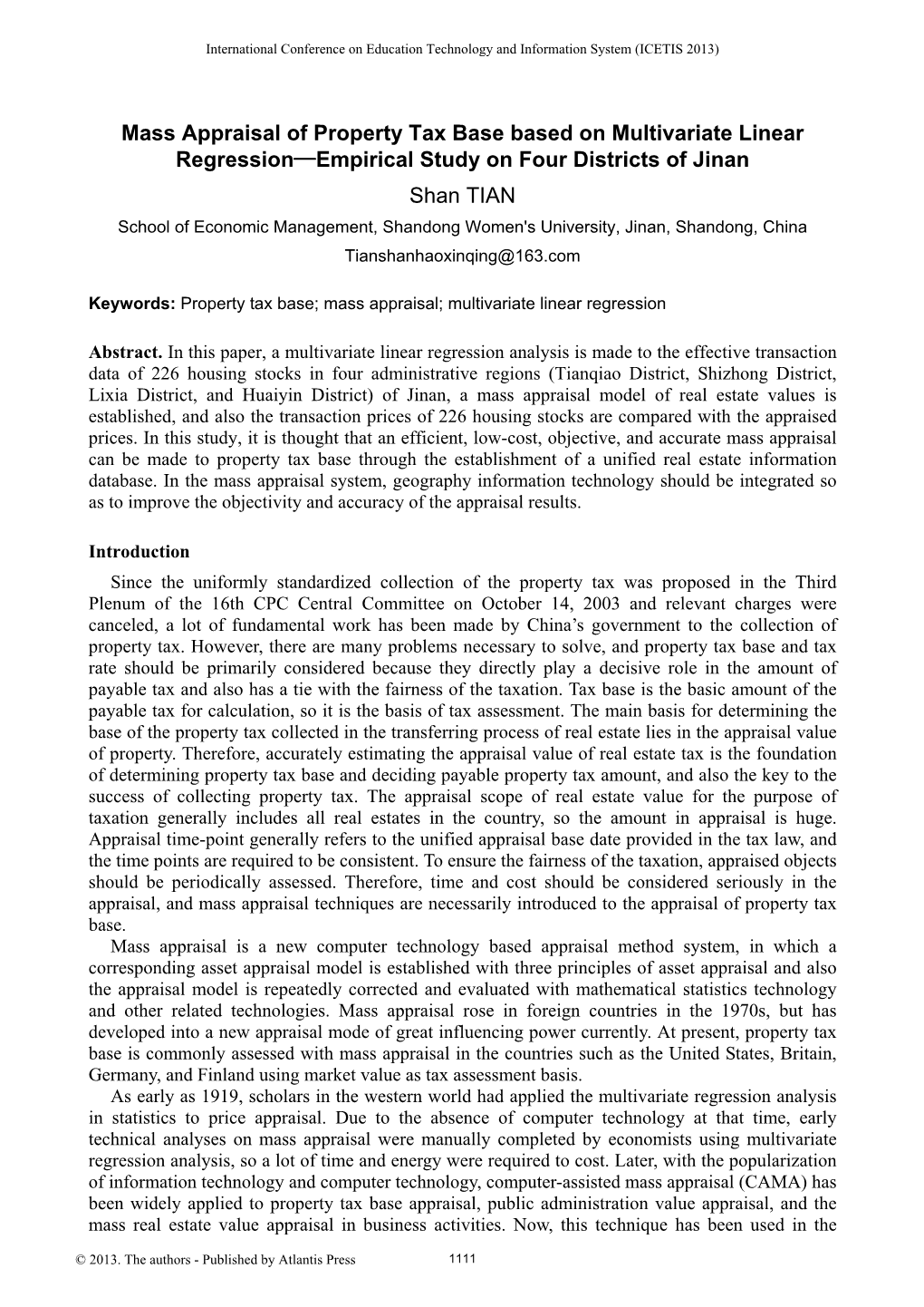 Mass Appraisal of Property Tax Base Based on Multivariate Linear