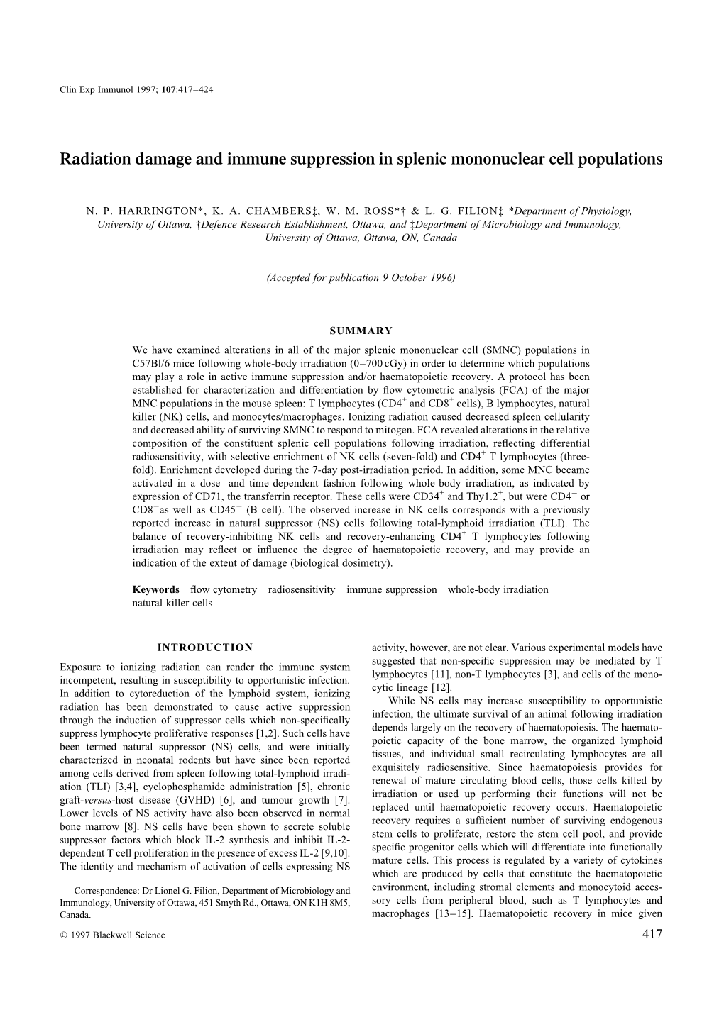 Radiation Damage and Immune Suppression in Splenic Mononuclear Cell Populations