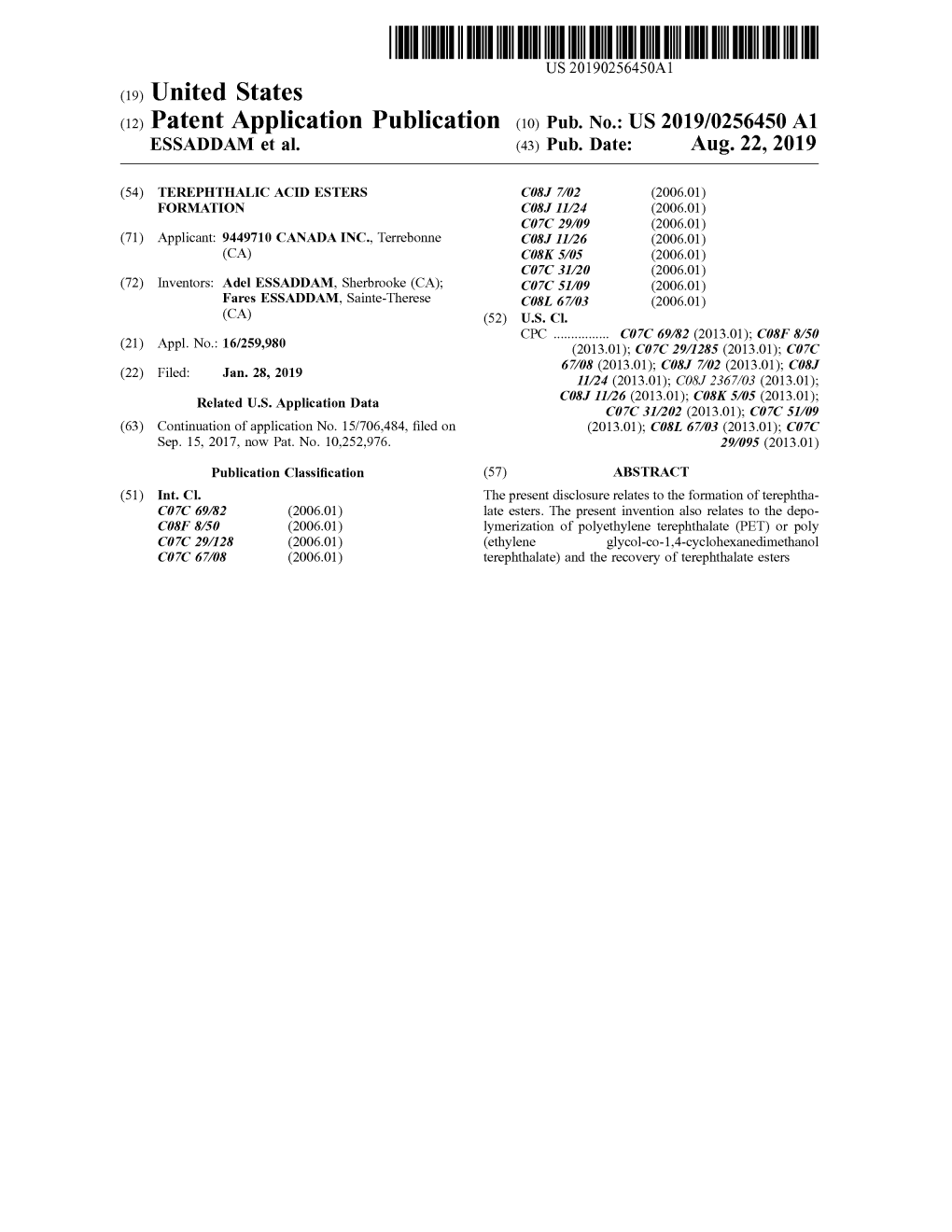 US 2019 / 0256450 A1 ESSADDAM Et Al