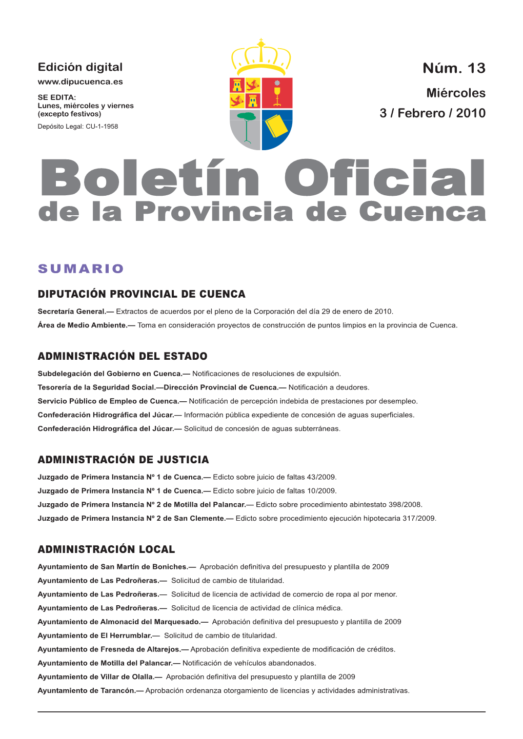 Boletín Oficial De La Provincia De Cuenca Sumario Diputación Provincial De Cuenca