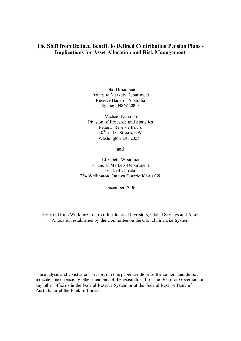 The Shift from Defined Benefit to Defined Contribution Pension Plans - Implications for Asset Allocation and Risk Management