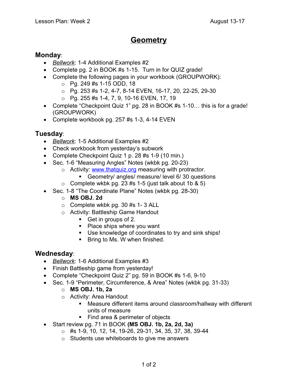 Lesson Plans: Week 1