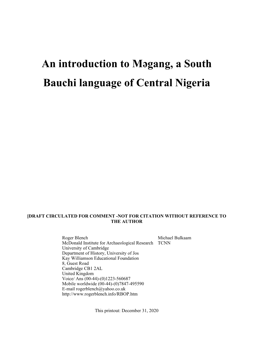 An Introduction to Mәgang, a South Bauchi Language of Central Nigeria