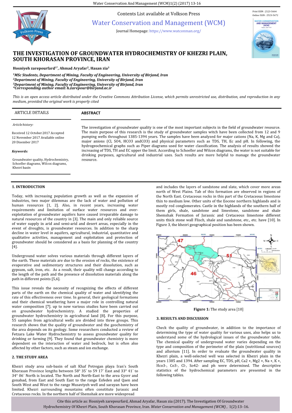 The Investigation of Groundwater Hydrochemistry of Khezri Plain, South Khorasan Province, Iran
