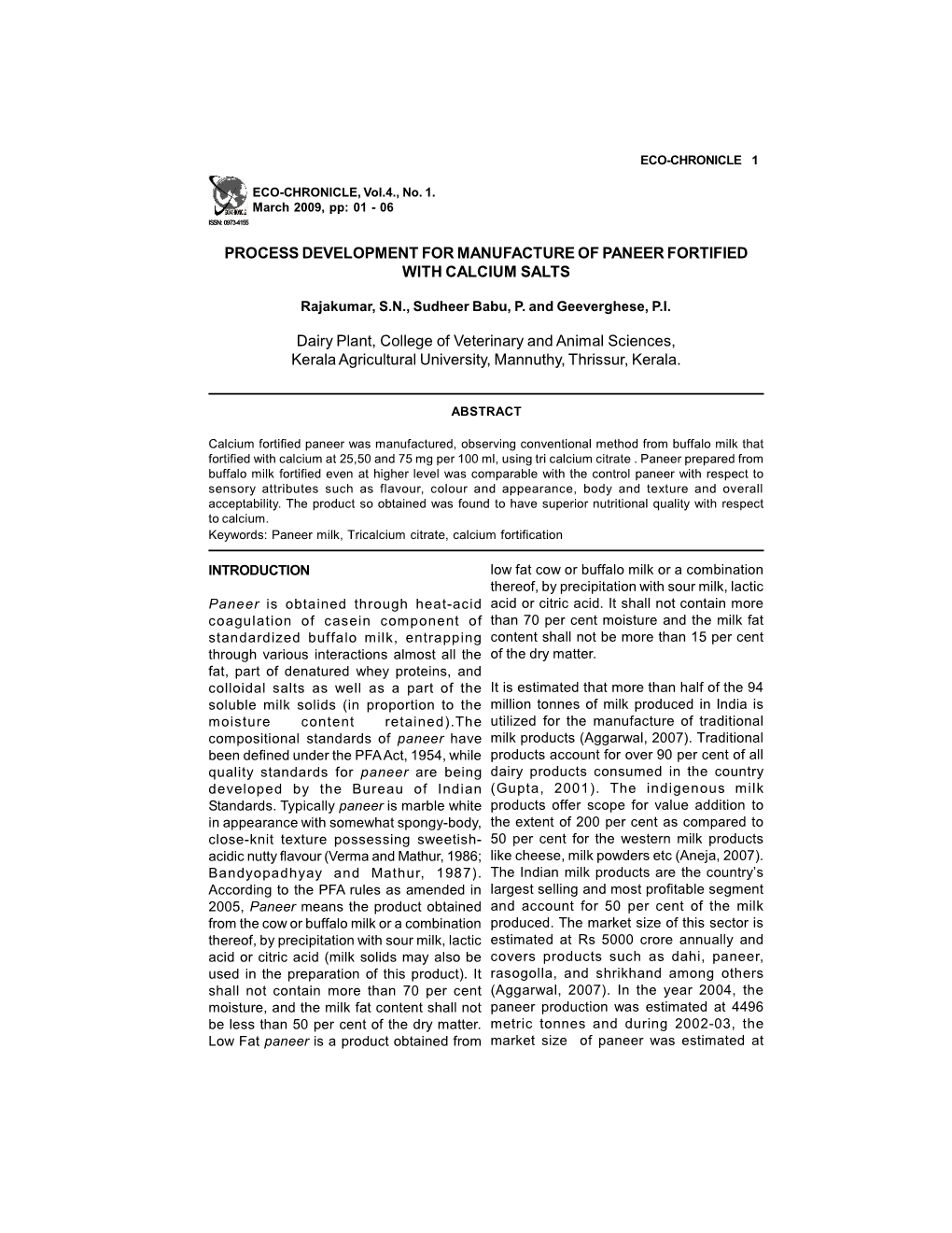 Process Development for Manufacture of Paneer Fortified with Calcium Salts