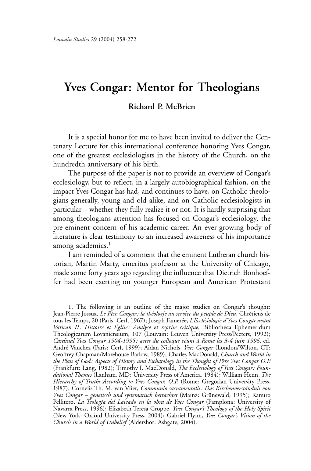 Yves Congar: Mentor for Theologians Richard P