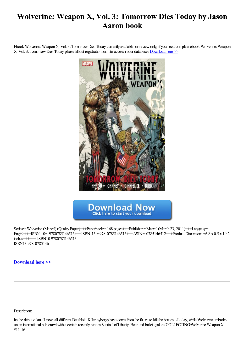 Download Wolverine: Weapon X, Vol. 3: Tomorrow Dies Today by Jason