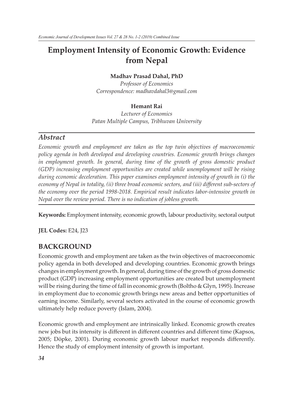 Employment Intensity of Economic Growth: Evidence from Nepal