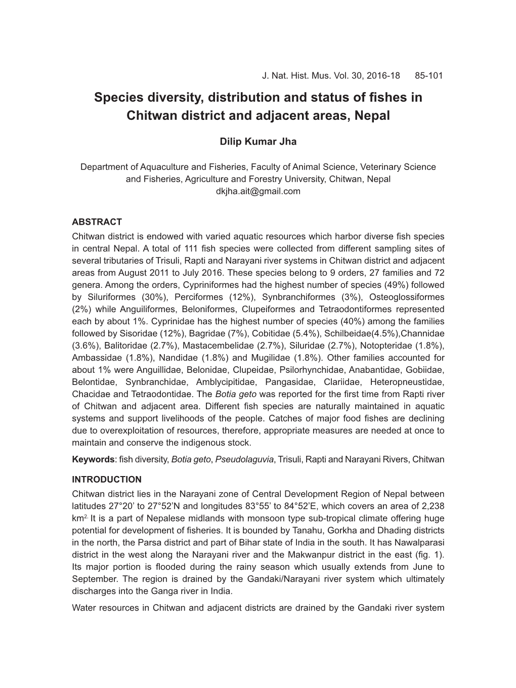 Species Diversity, Distribution and Status of Fishes in Chitwan District and Adjacent Areas, Nepal