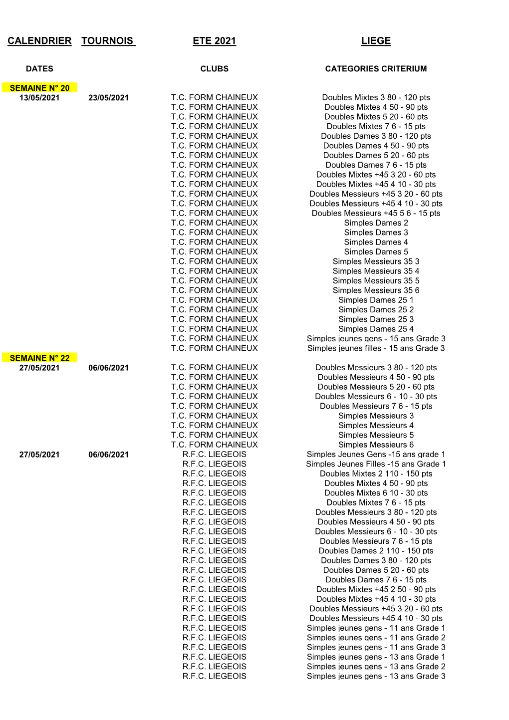 Calendrier Tournois Liège Du 13-05-2021 Au 26-09