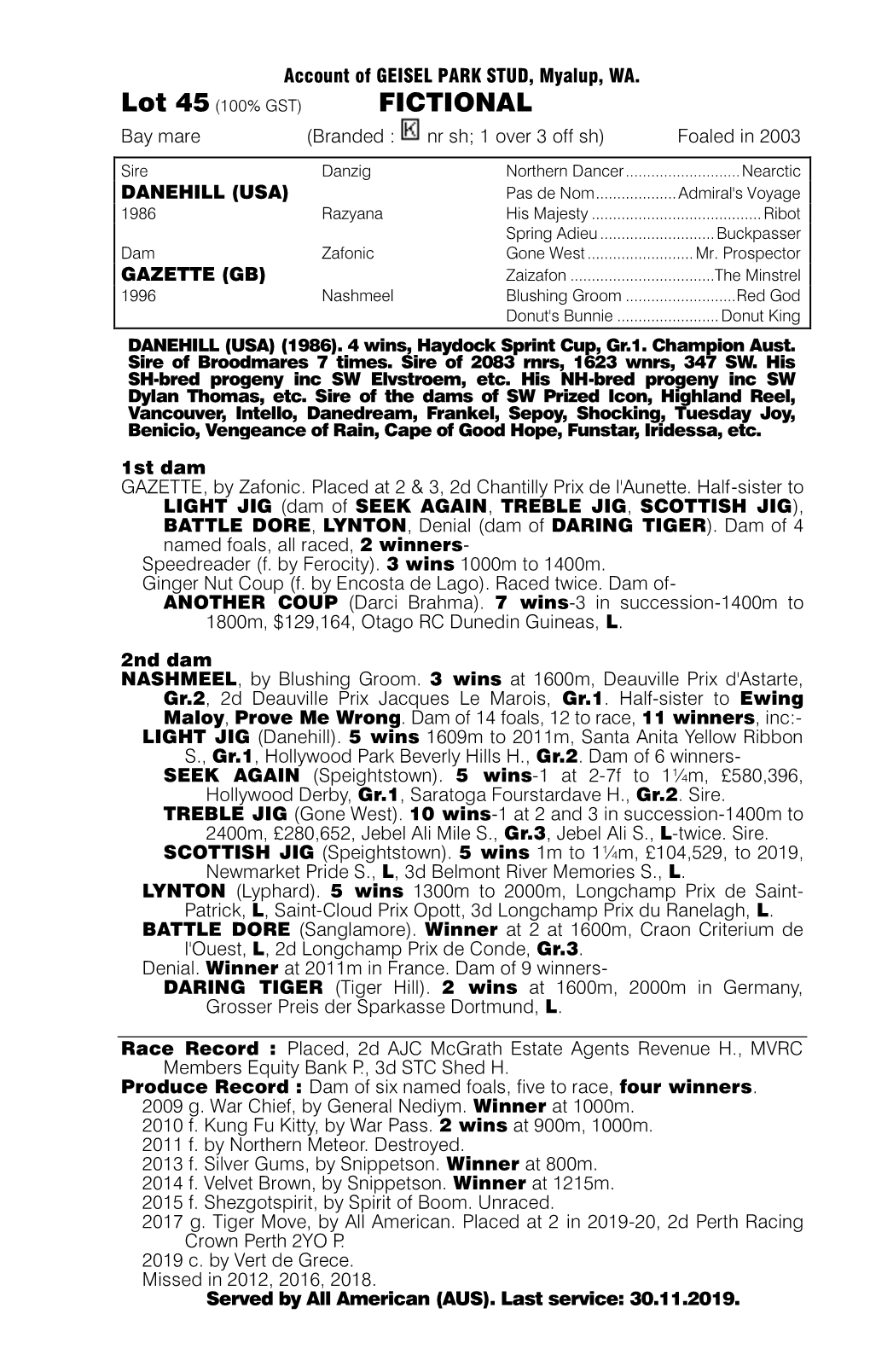 FICTIONAL Bay Mare (Branded : Nr Sh; 1 Over 3 Off Sh) Foaled in 2003