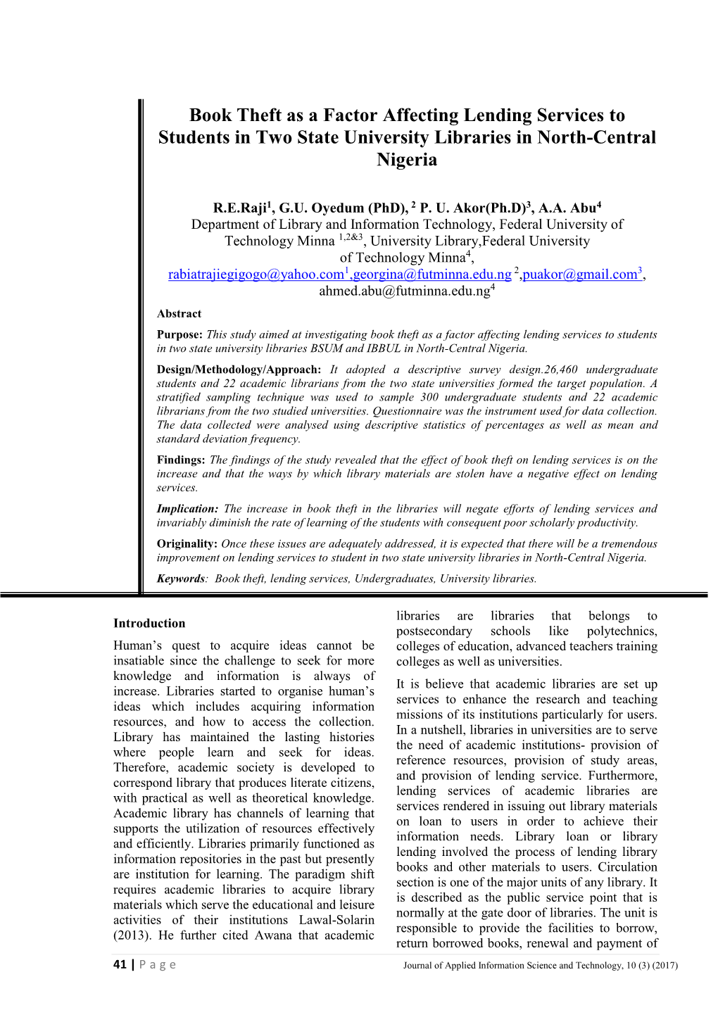 Book Theft As a Factor Affecting Lending Services to Students in Two State University Libraries in North-Central Nigeria